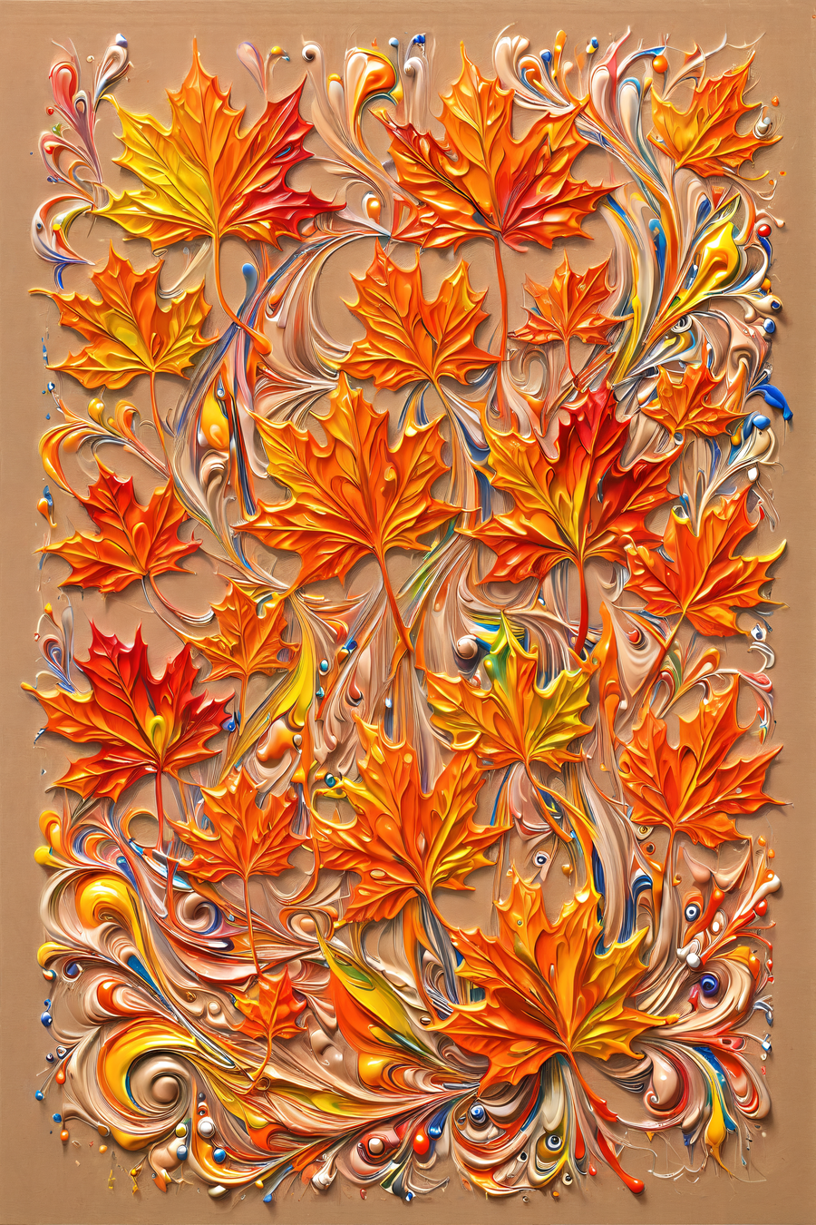 In a captivating and colorful scene, a painting of autumn leaves rendered in acrylic paint comes to life. This artwork captures the essence of fall, where nature’s palette transforms into a vibrant display of rich, warm hues.