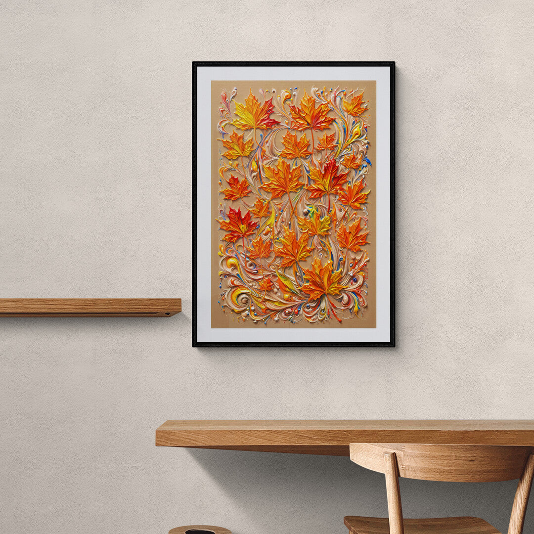 In a captivating and colorful scene, a painting of autumn leaves rendered in acrylic paint comes to life. This artwork captures the essence of fall, where nature’s palette transforms into a vibrant display of rich, warm hues.