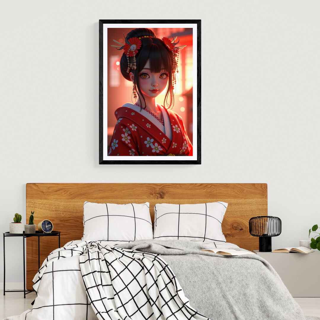 The picture features a Japanese girl with strikingly large, expressive eyes that immediately draw attention. Her eyes are wide and round, filled with a deep sense of emotion, and framed by long, dark lashes. The girl's face is delicate, with soft, smooth skin and subtle, natural makeup that enhances her youthful appearance. Her black hair is sleek and straight, possibly adorned with a simple hair accessory like a bow or clip, adding to her innocent and endearing look.