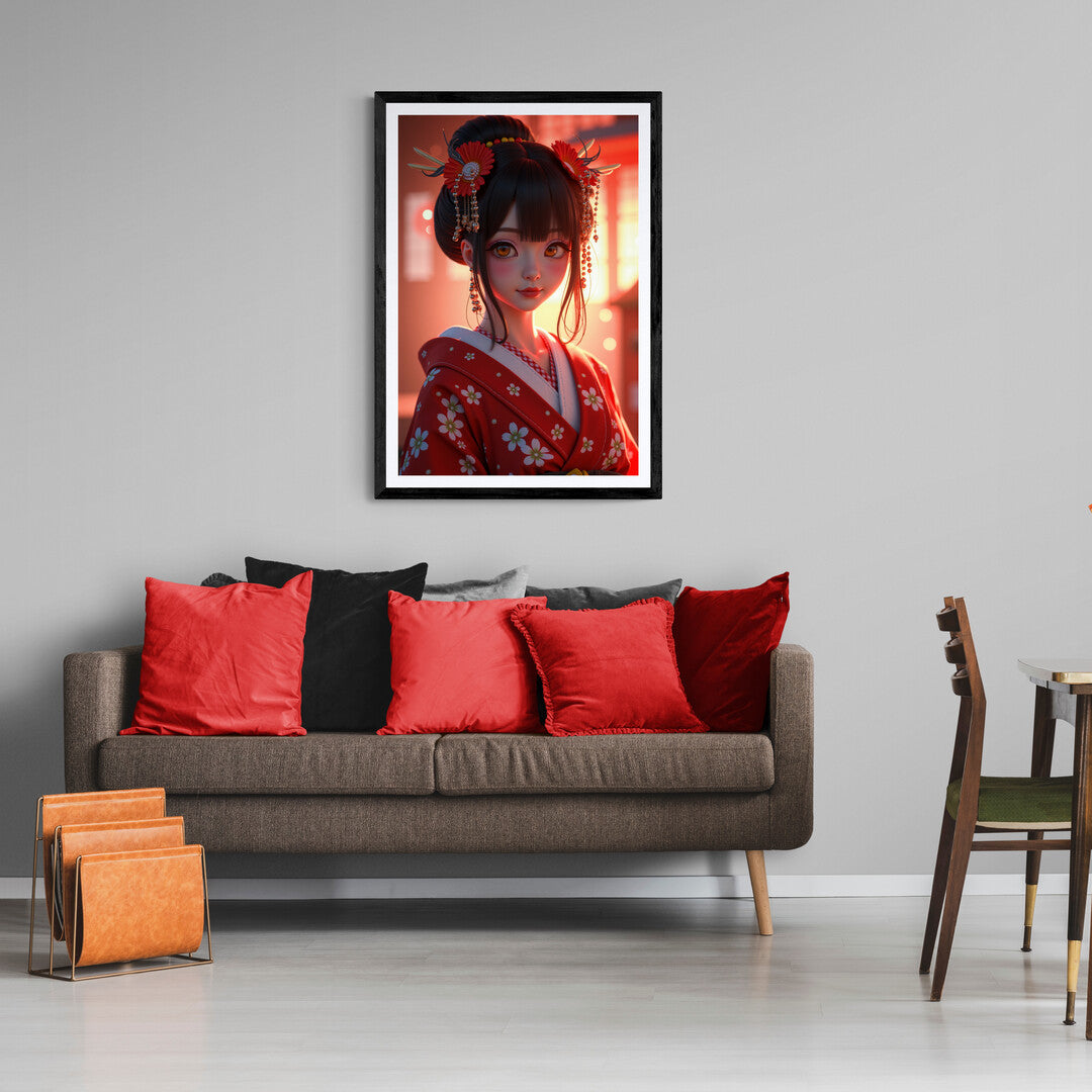 The picture features a Japanese girl with strikingly large, expressive eyes that immediately draw attention. Her eyes are wide and round, filled with a deep sense of emotion, and framed by long, dark lashes. The girl's face is delicate, with soft, smooth skin and subtle, natural makeup that enhances her youthful appearance. Her black hair is sleek and straight, possibly adorned with a simple hair accessory like a bow or clip, adding to her innocent and endearing look.