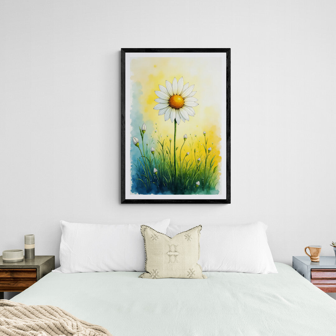 Elegant premium poster featuring a daisy in a serene meadow at dawn, ideal for enhancing any room
