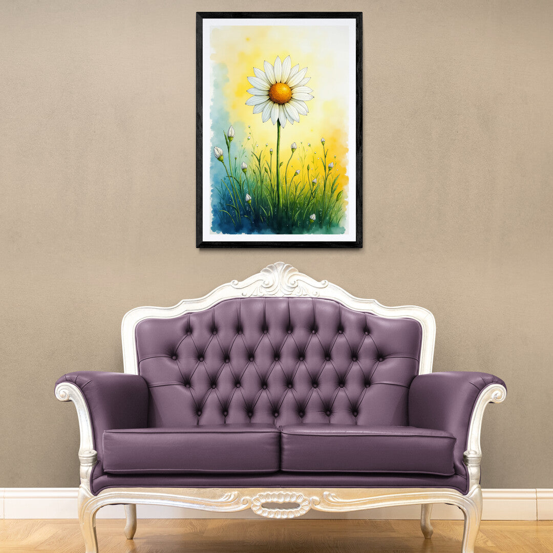 Beautiful wall art of a single daisy standing tall at sunrise, available as premium posters for stylish home decoration