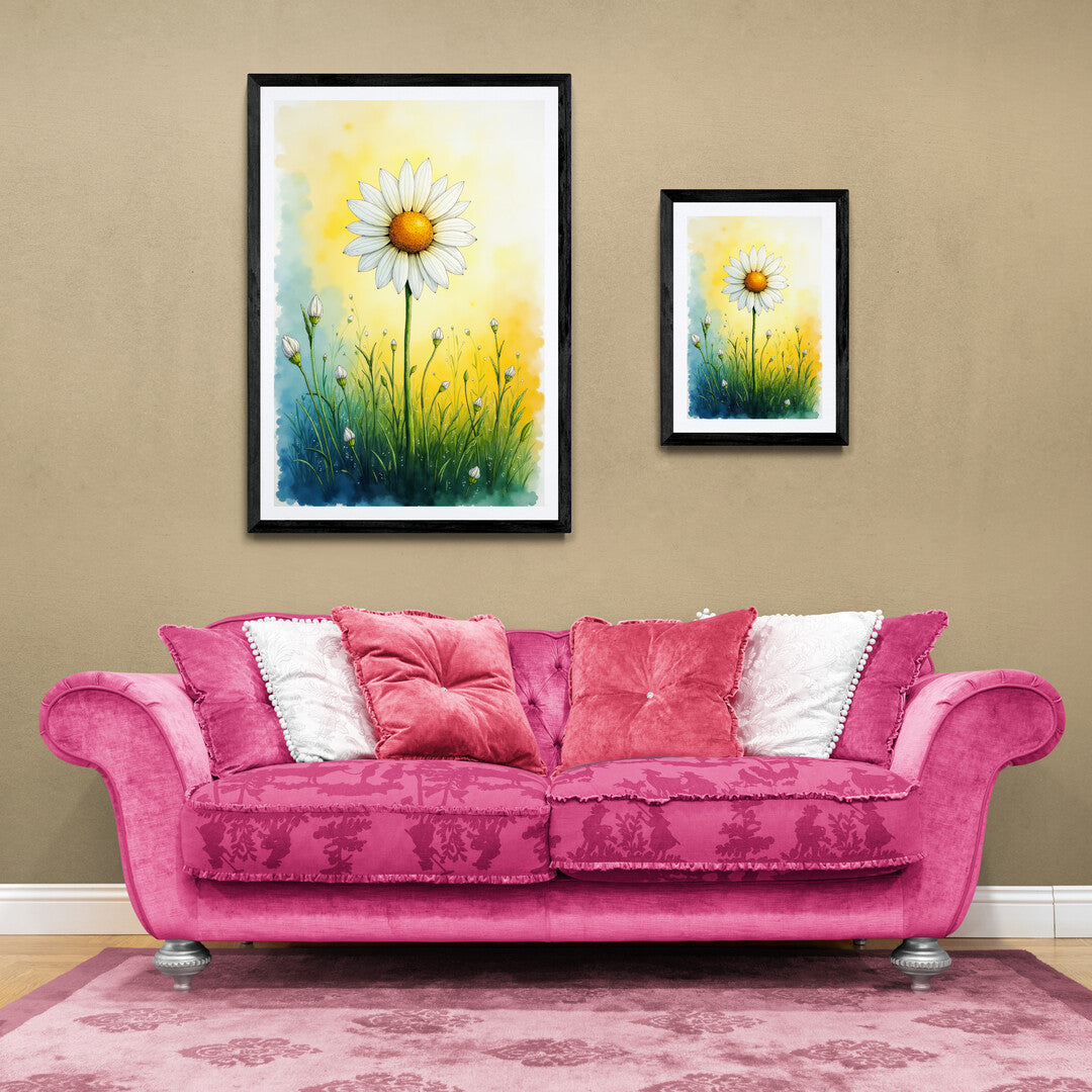 Daisy Dreams at Dawn art print showcasing a vibrant flower against a soft yellow and blue backdrop, perfect for home decor