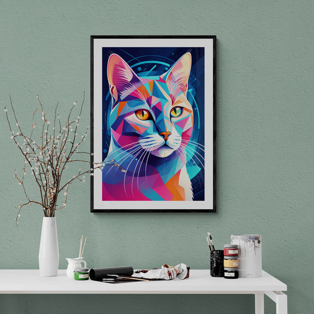 In a striking and avant-garde scene, the picture features a cat rendered in a Futurism art style. The artwork captures the essence of movement and dynamism, characteristic of the Futurism movement, with a modern twist.