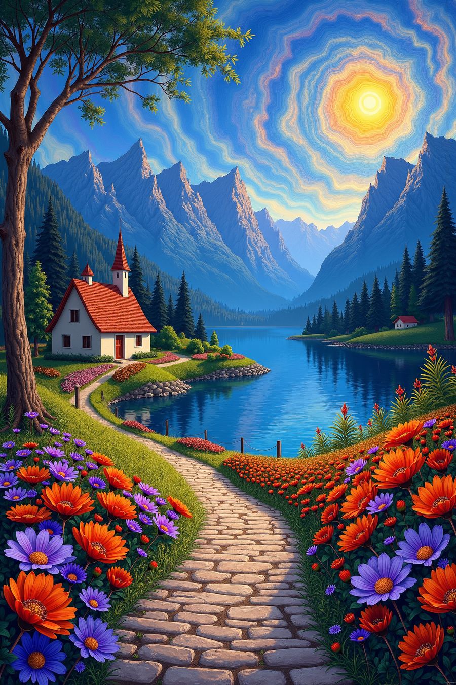The picture shows a serene mountain lake surrounded by towering, rugged peaks, their slopes covered in a mix of lush greenery and rocky outcrops. At the edge of the lake, a small, charming church stands, its stone walls weathered with age, and a pointed steeple reaching toward the sky. The reflection of the church and mountains shimmers on the calm water, adding to the peaceful atmosphere.