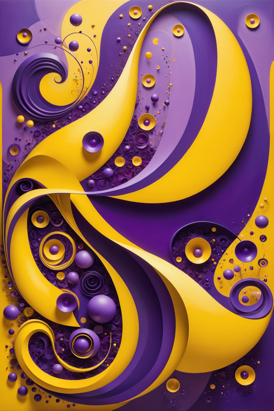 In a whimsical and vibrant composition, the picture showcases a playful blend of forms dominated by yellow and purple hues. The artwork exudes a sense of joy and creativity, using bold colors and abstract shapes to create a dynamic and lively visual experience.
