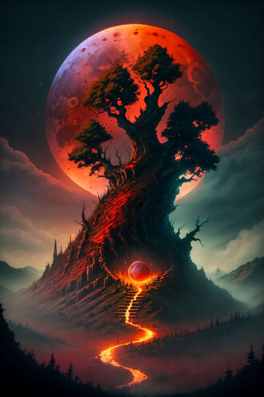 In this eerie wall art, the haunting blood moon in the sky offers an intense visual experience that lingers in the mind long after the gaze has turned away.