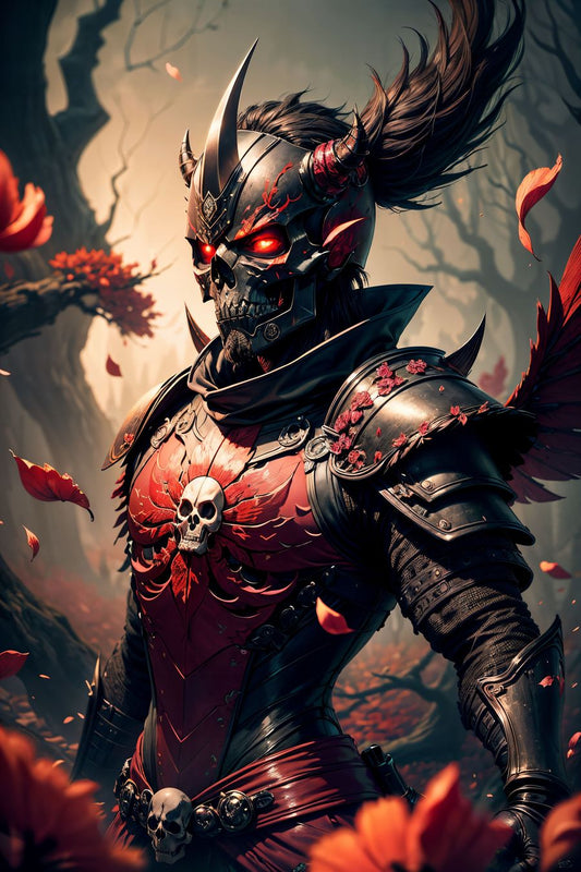 In this captivating wall art, the fully armored black samurai in the haunted dark forest becomes a mesmerizing portrayal of strength, mystery, and danger.
