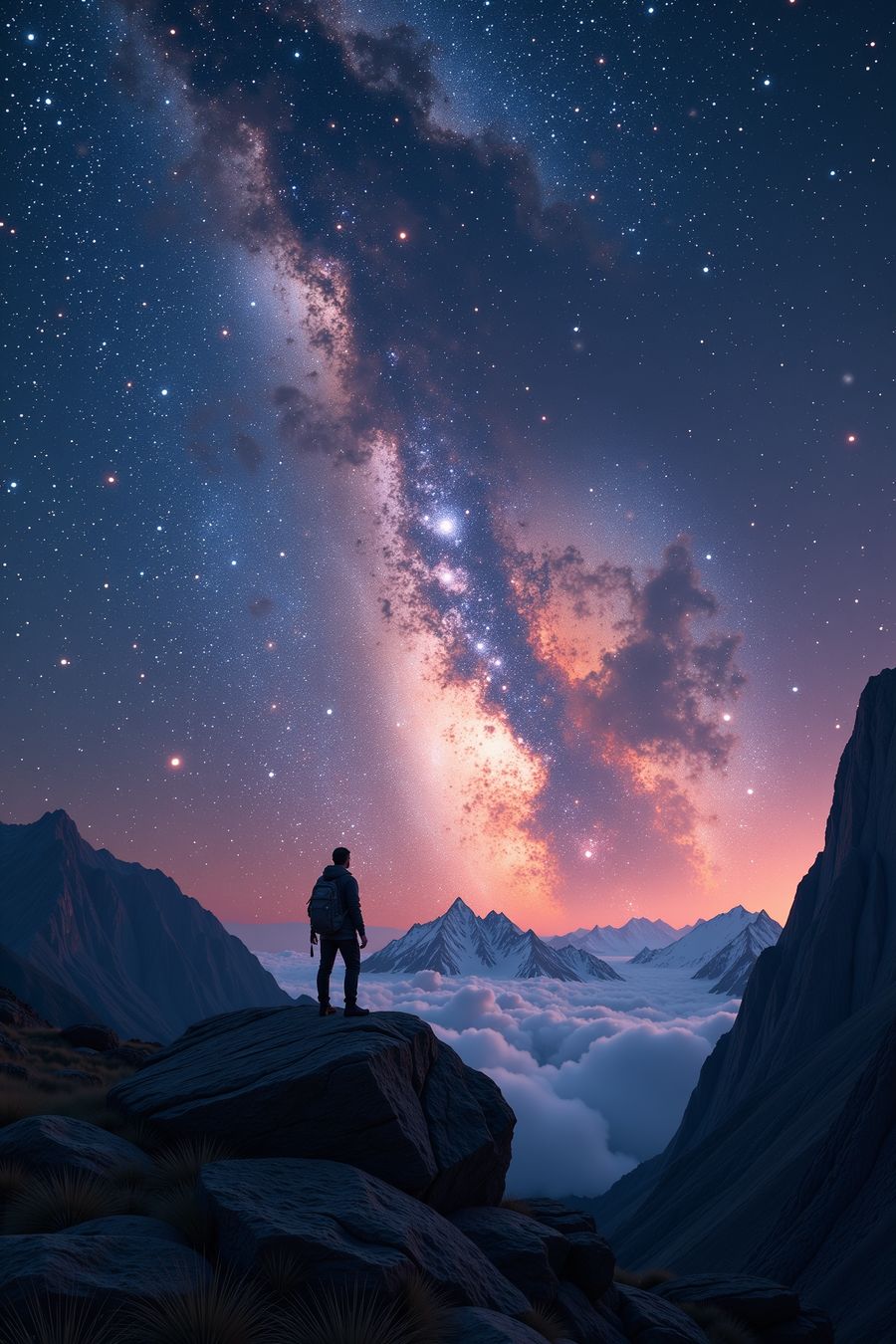 A lone adventurer gazing at the Milky Way over snow-capped mountains, perfect for premium wall art and home decor