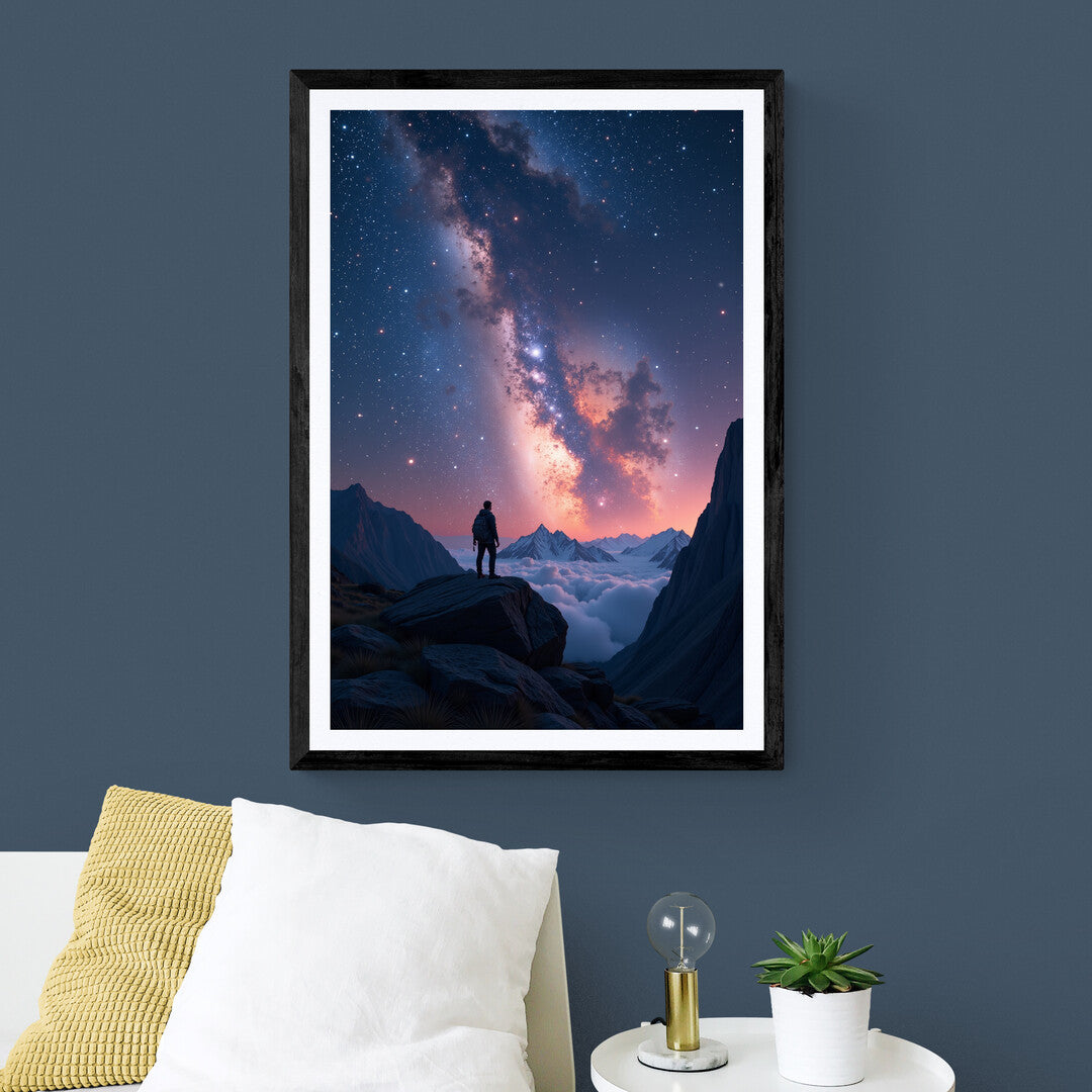 Stunning cosmic scene with a vibrant starry sky and mountain peaks, ideal for art prints and premium posters