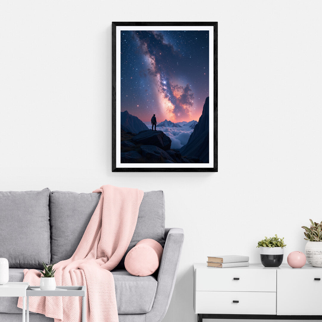 A breathtaking view of the Milky Way and rugged mountains, available as art prints and posters for home decor