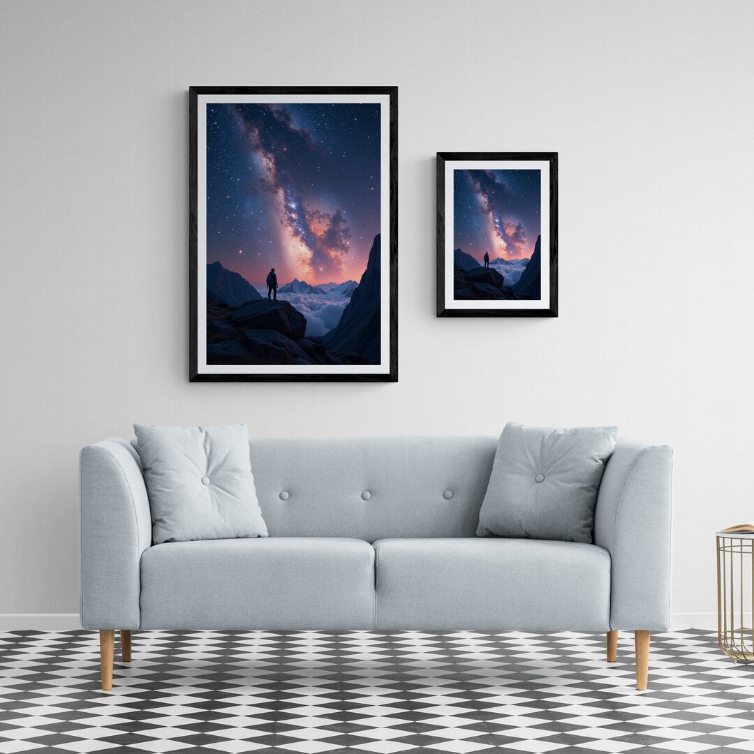 Night sky full of stars and clouds beneath, featured in high-quality wall art for modern home decor