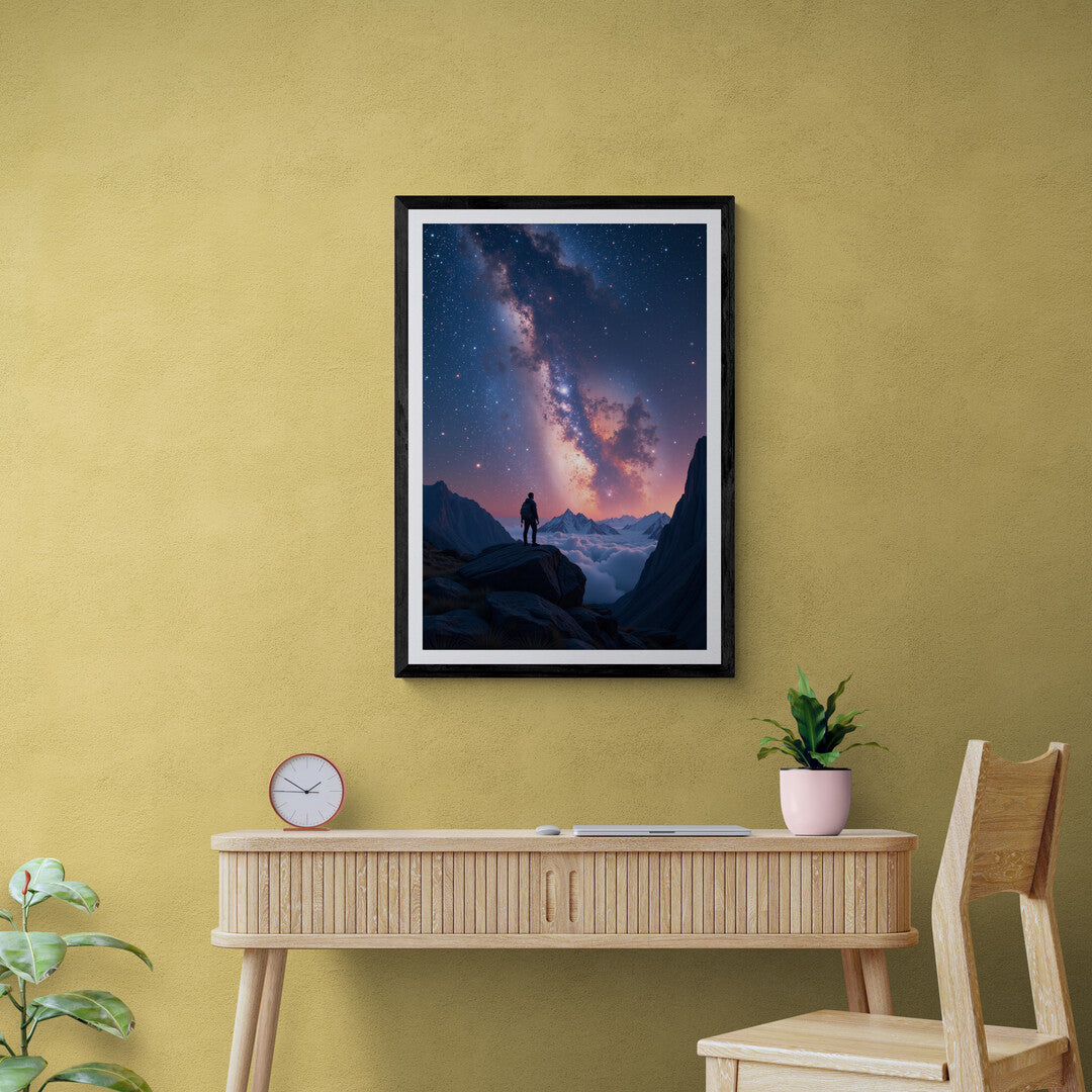 Captivating landscape of stars, mountains, and clouds for premium wall art and art prints available to shop online