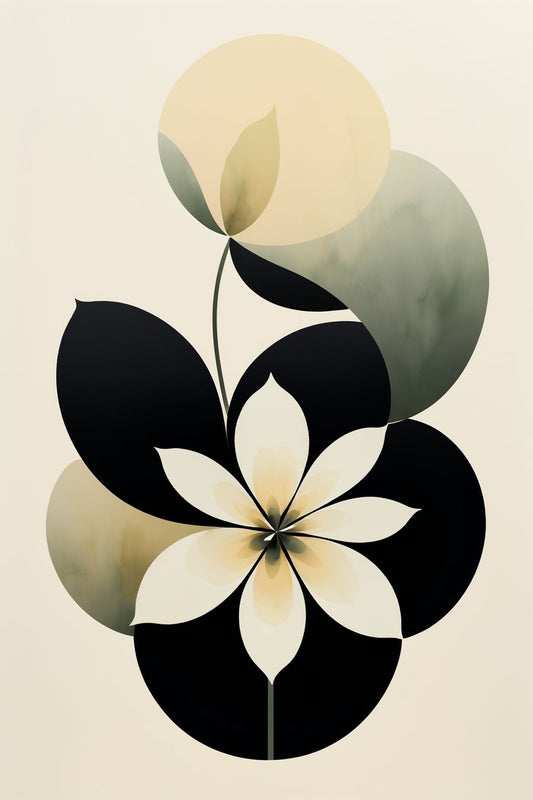 Abstract Petal Symphony art print featuring minimalist floral design with beige, black, and green tones, perfect for modern home decor