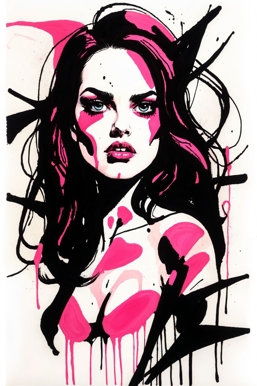 In an abstract and striking composition, the picture features a beautiful girl depicted in shades of pink, with a subtle, yet unmistakable, mean expression. The image blends elements of fashion, attitude, and modern art to create a captivating and edgy portrait.