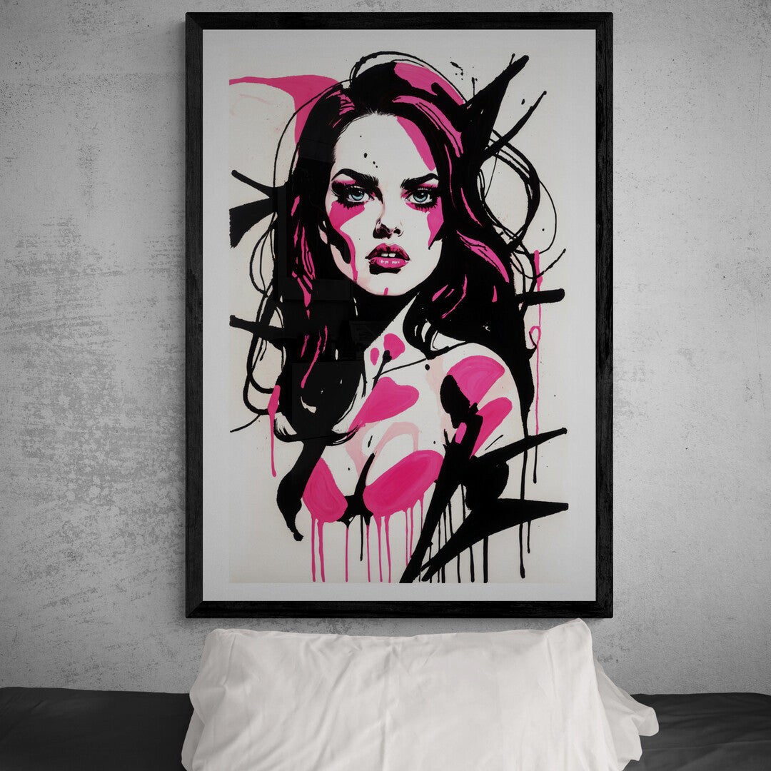 In an abstract and striking composition, the picture features a beautiful girl depicted in shades of pink, with a subtle, yet unmistakable, mean expression. The image blends elements of fashion, attitude, and modern art to create a captivating and edgy portrait.