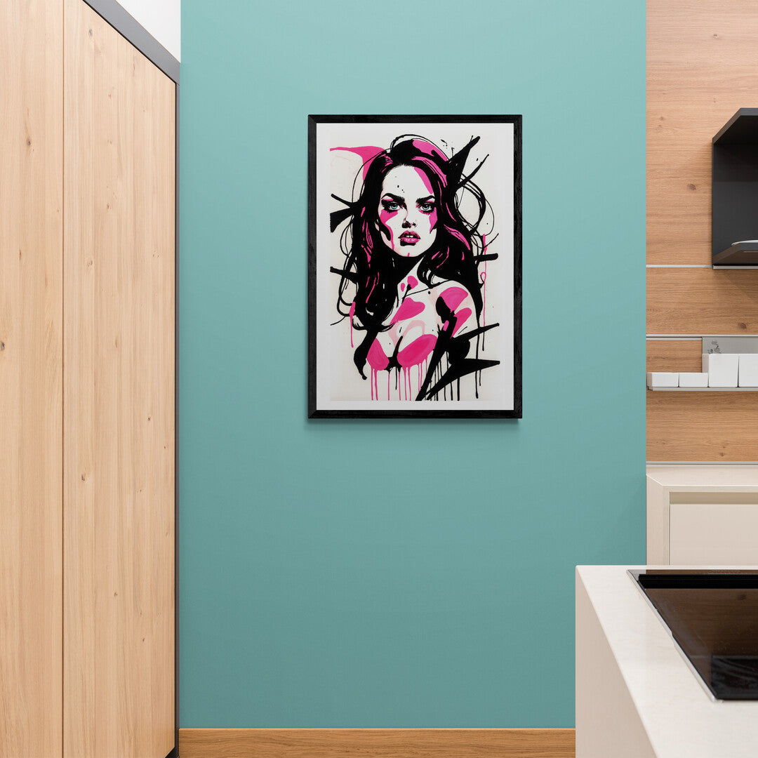 In an abstract and striking composition, the picture features a beautiful girl depicted in shades of pink, with a subtle, yet unmistakable, mean expression. The image blends elements of fashion, attitude, and modern art to create a captivating and edgy portrait.