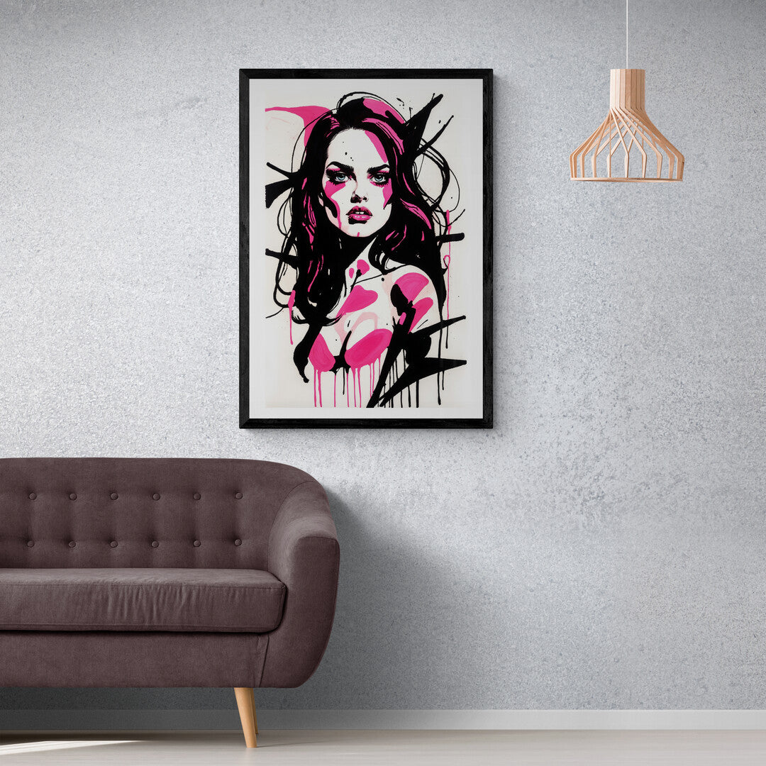 In an abstract and striking composition, the picture features a beautiful girl depicted in shades of pink, with a subtle, yet unmistakable, mean expression. The image blends elements of fashion, attitude, and modern art to create a captivating and edgy portrait.