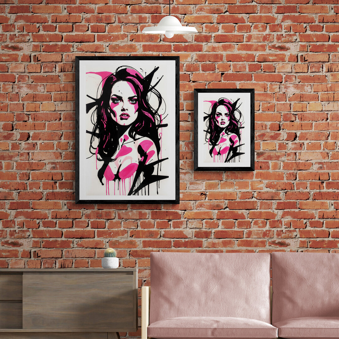 In an abstract and striking composition, the picture features a beautiful girl depicted in shades of pink, with a subtle, yet unmistakable, mean expression. The image blends elements of fashion, attitude, and modern art to create a captivating and edgy portrait.