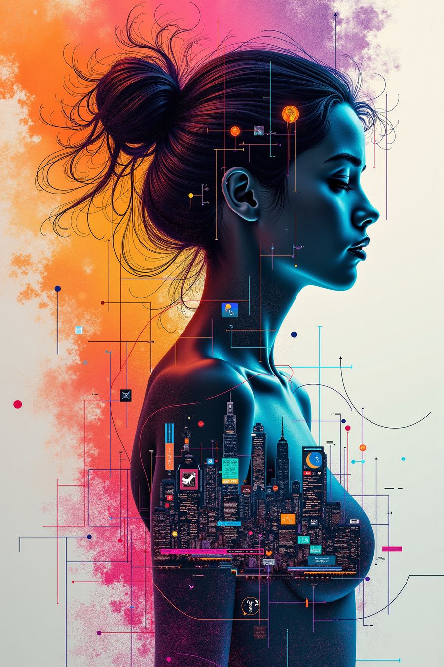 The image depicts a stylized side profile of a woman, rendered in a mix of vibrant neon colors and geometric patterns. The woman’s silhouette is painted in a cool blue hue, which contrasts with the warm, fiery background of reds, oranges, and pinks. Her hair is tied up in a messy bun, with loose strands of hair flowing naturally, contributing to a sense of movement and energy.