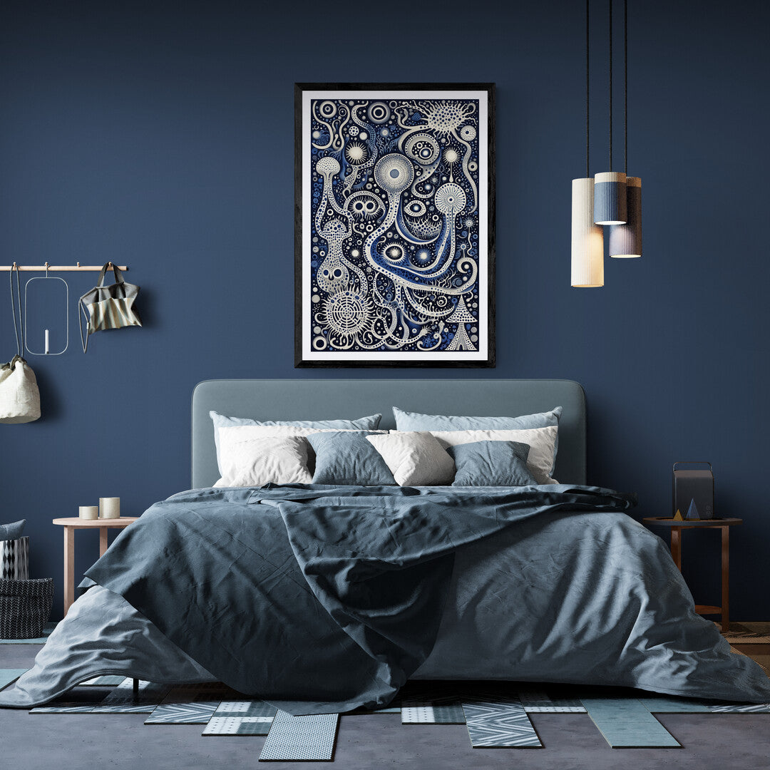 In a captivating and modern composition, the picture features an abstract painting dominated by shades of navy blue. The artwork creates a sense of depth and mystery, using various tones and textures to evoke emotion and intrigue.