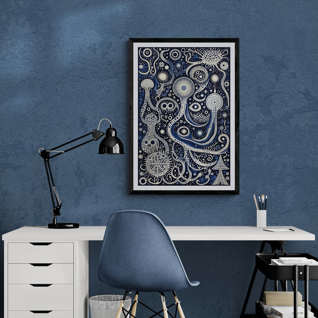 In a captivating and modern composition, the picture features an abstract painting dominated by shades of navy blue. The artwork creates a sense of depth and mystery, using various tones and textures to evoke emotion and intrigue.