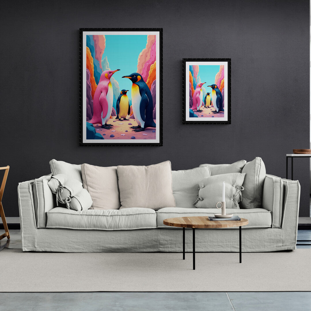 he picture shows an abstract painting of penguins. The penguins are stylized with bold shapes and vibrant colors, standing against a backdrop of swirling, icy blues and whites. Their bodies are painted with exaggerated, curving lines, giving them a fluid and dynamic appearance. 