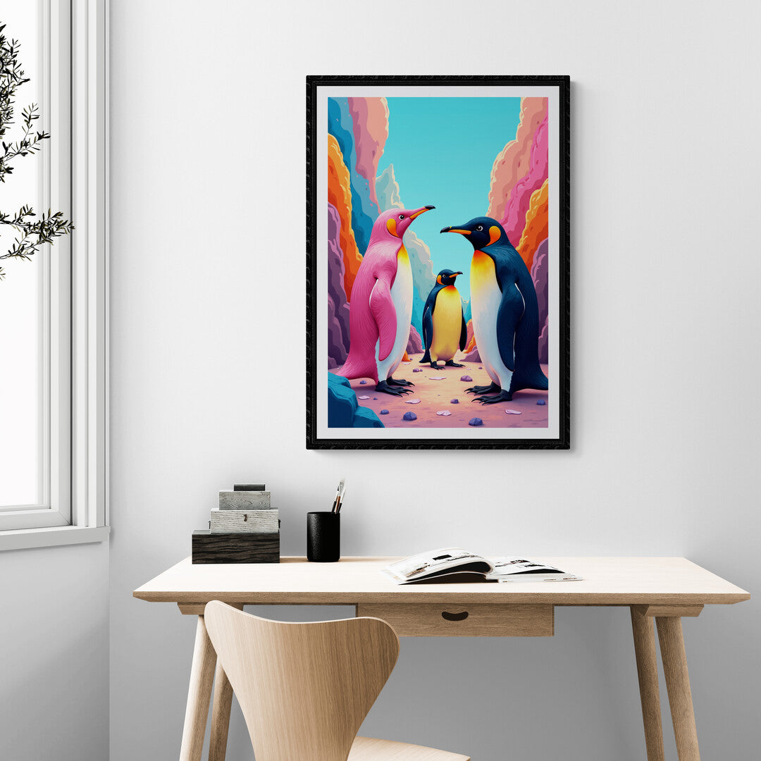 he picture shows an abstract painting of penguins. The penguins are stylized with bold shapes and vibrant colors, standing against a backdrop of swirling, icy blues and whites. Their bodies are painted with exaggerated, curving lines, giving them a fluid and dynamic appearance. 