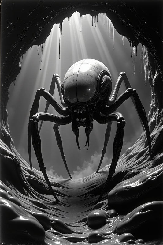 Arachnid Guardian of the Depths - Biomechanical spider in a dark cavern, perfect for premium art prints and wall art decor