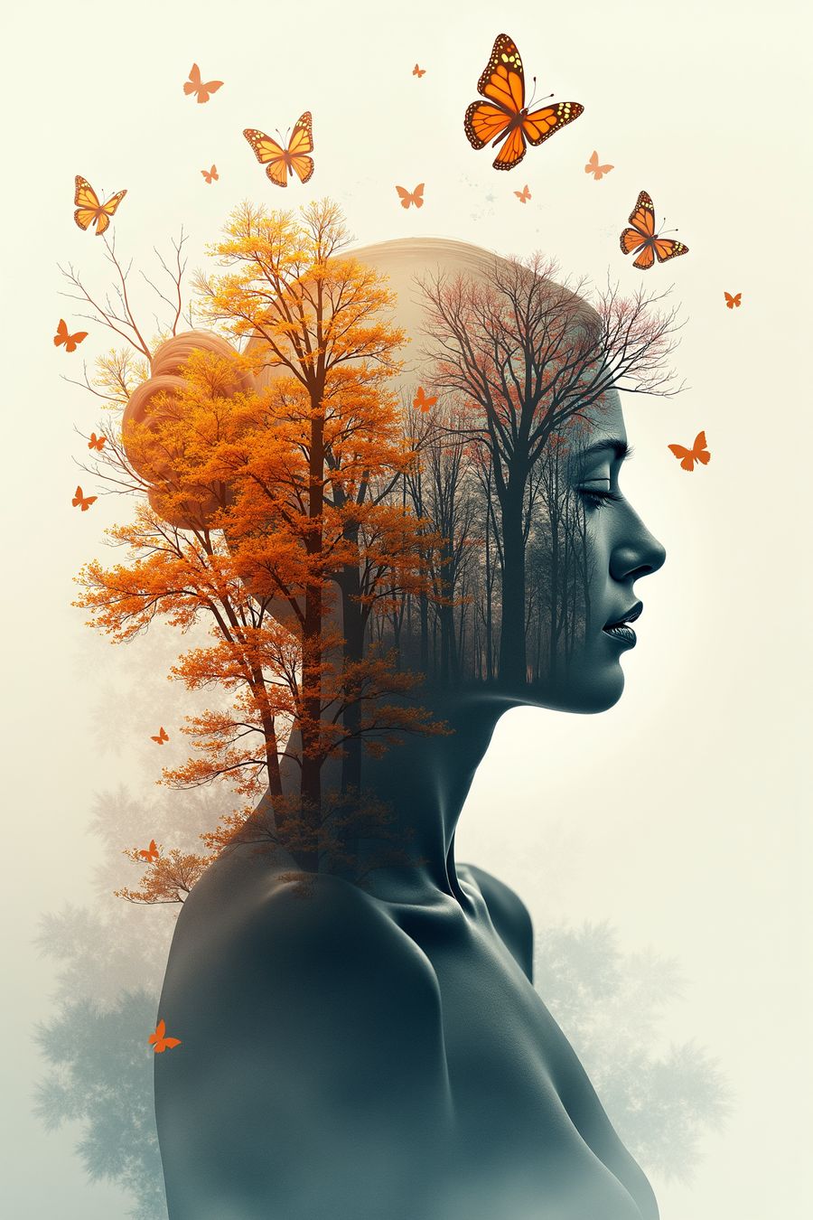 The image portrays a side profile of a woman seamlessly integrated with elements of nature. Her silhouette, rendered in muted, dark tones, appears calm and serene, evoking a sense of introspection. Within her head and upper body, a forest scene unfolds, blending human and nature. The trees in the forest transition from barren branches near her face to lush, golden-orange foliage toward the back of her head, symbolizing the changing seasons or cycles of life.