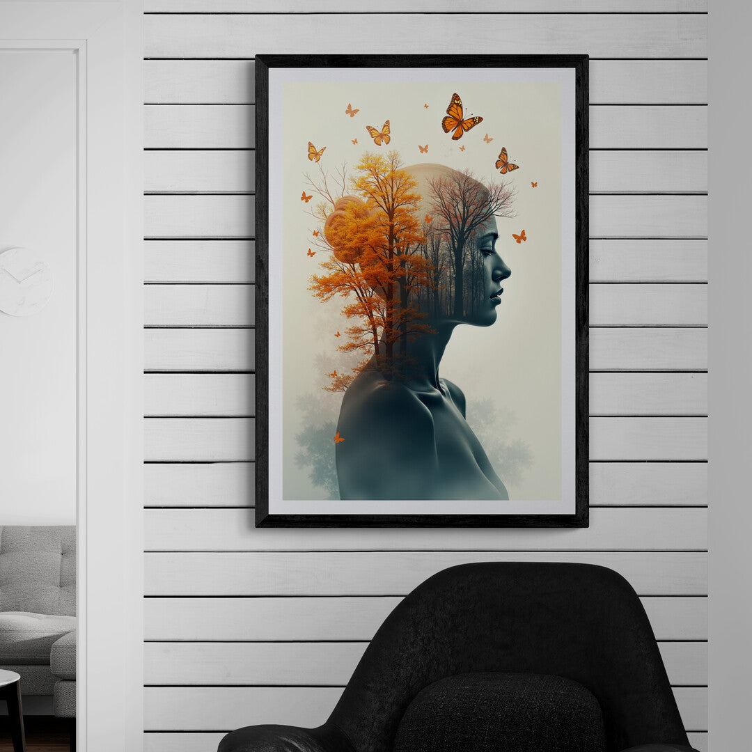 The image portrays a side profile of a woman seamlessly integrated with elements of nature. Her silhouette, rendered in muted, dark tones, appears calm and serene, evoking a sense of introspection. Within her head and upper body, a forest scene unfolds, blending human and nature. The trees in the forest transition from barren branches near her face to lush, golden-orange foliage toward the back of her head, symbolizing the changing seasons or cycles of life.