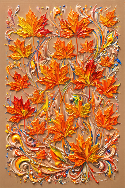 In a captivating and colorful scene, a painting of autumn leaves rendered in acrylic paint comes to life. This artwork captures the essence of fall, where nature’s palette transforms into a vibrant display of rich, warm hues.