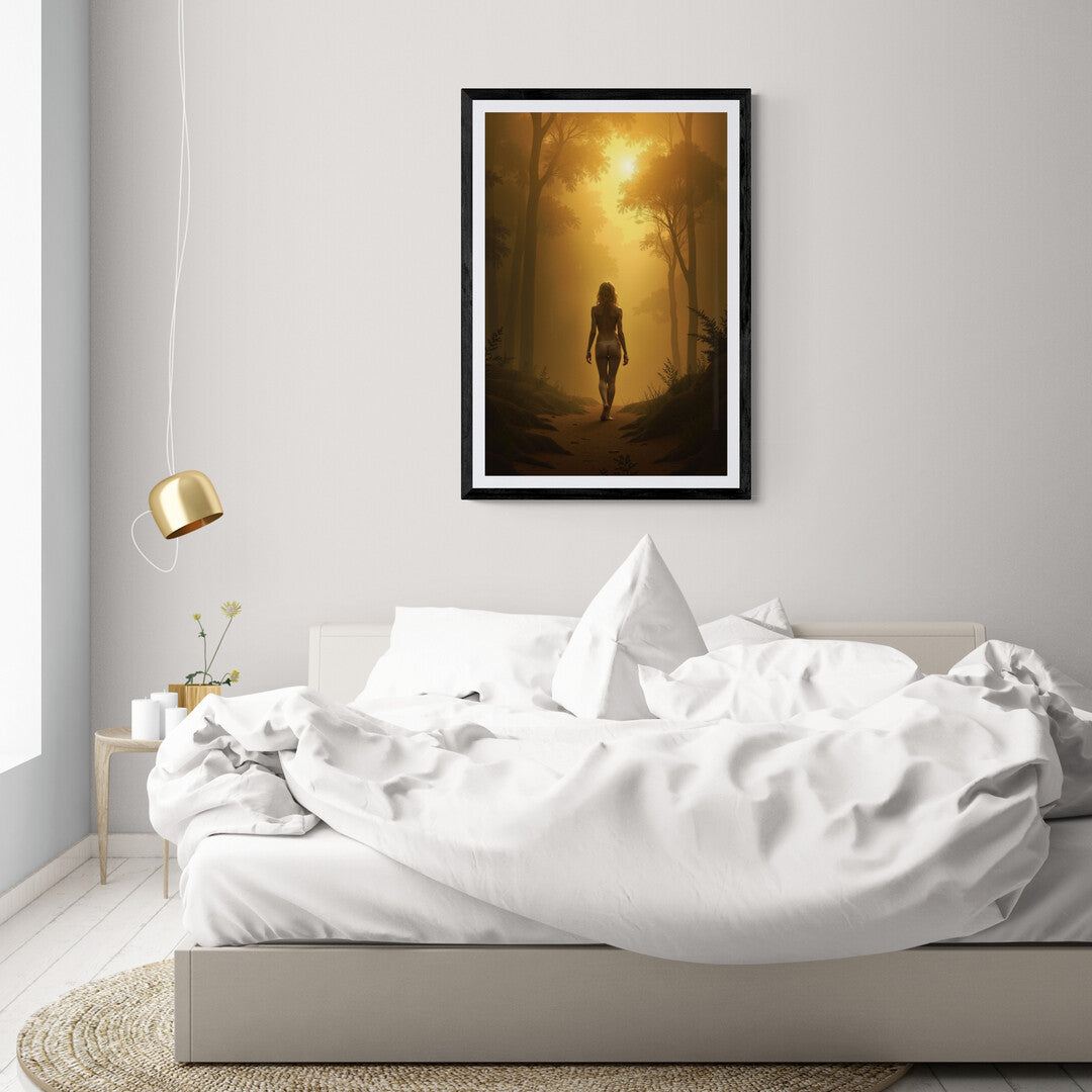 Golden sunrise illuminating a forest path, perfect as a premium poster for enhancing your home decor and wall art collection