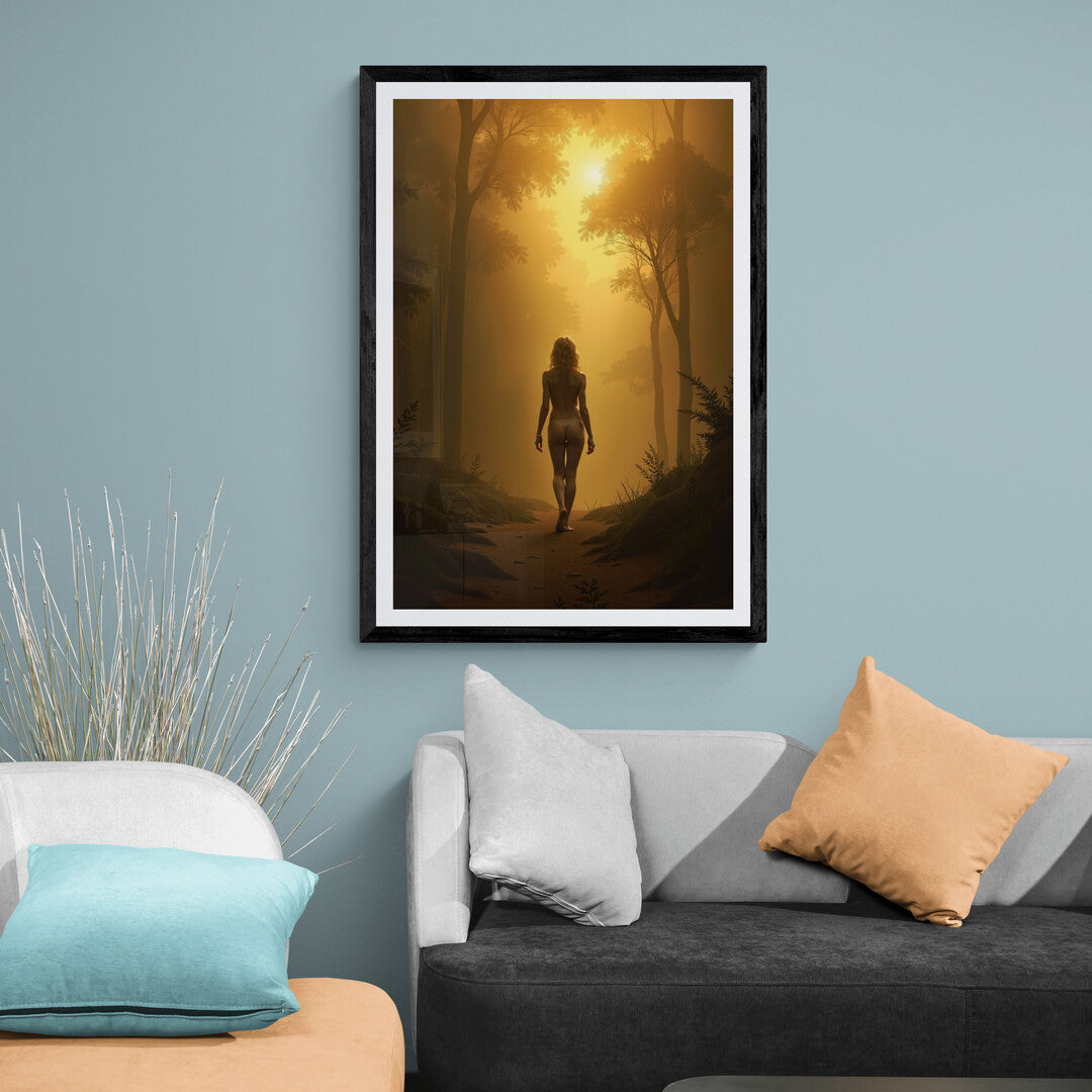 Nature-inspired wall art showcasing a serene sunrise in a forest, ideal for minimalist and modern home decor themes