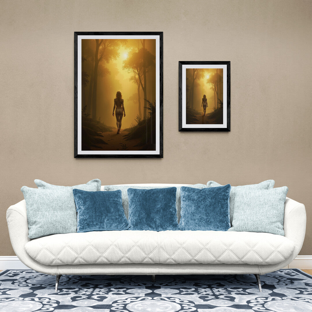 Tranquil silhouette walking through a misty forest, captured in high-quality wall art available as art prints and posters online