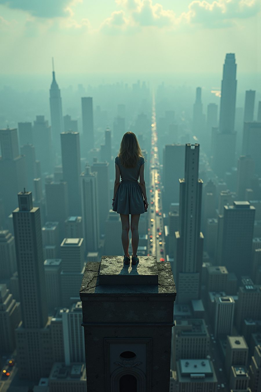 A woman standing on the edge of a skyscraper overlooking a city skyline, perfect for modern art prints and premium wall decor.