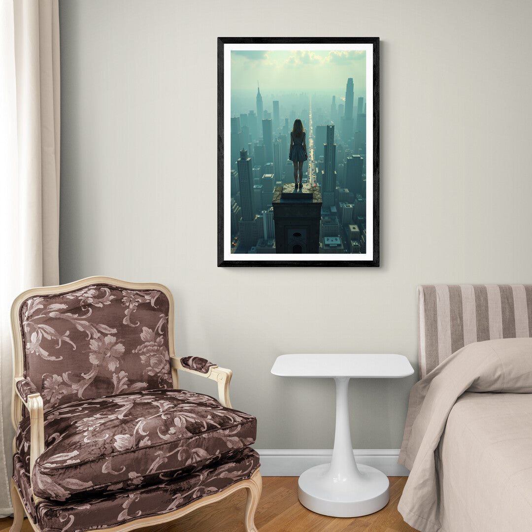 Urban cityscape with a lone figure on a rooftop, ideal for home decor and premium poster designs.