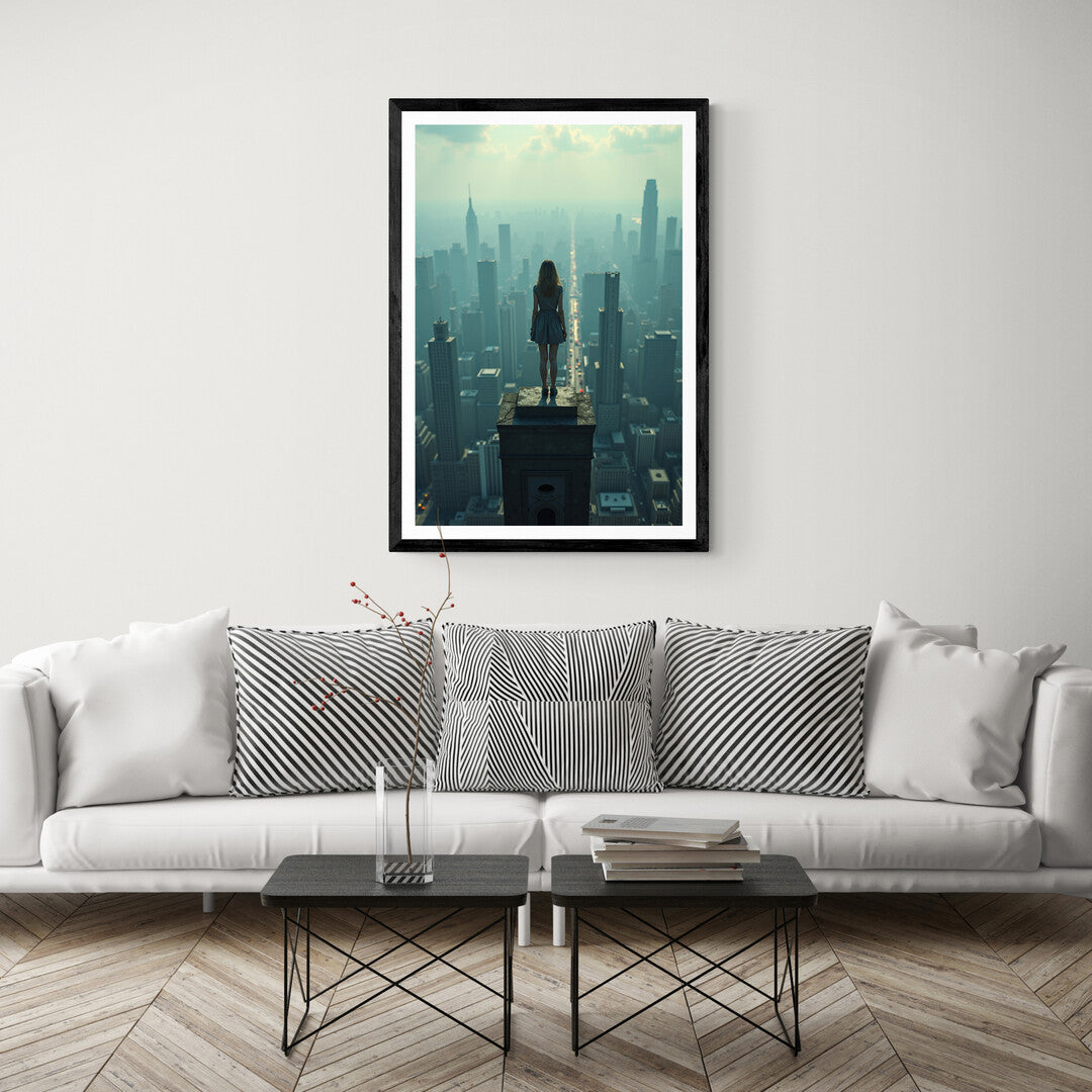 Stylish home decor piece showcasing a figure balancing on the edge of a building against a breathtaking cityscape.