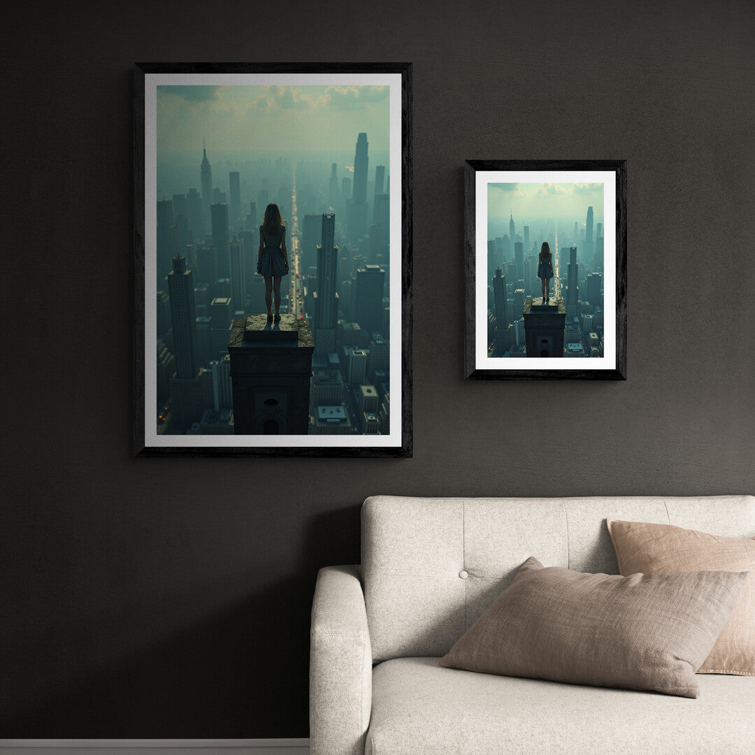 Inspiring wall art featuring a serene woman gazing over a sprawling city at sunset, available as art prints and posters.