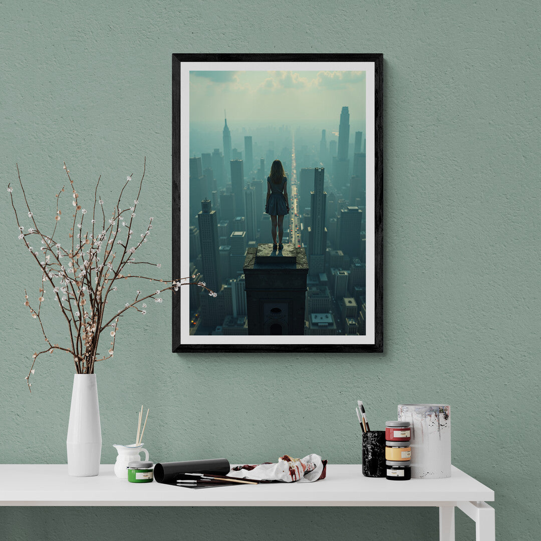 Beautiful artwork of a city skyline with a solitary woman, perfect for art prints, wall art, and premium home decor posters.