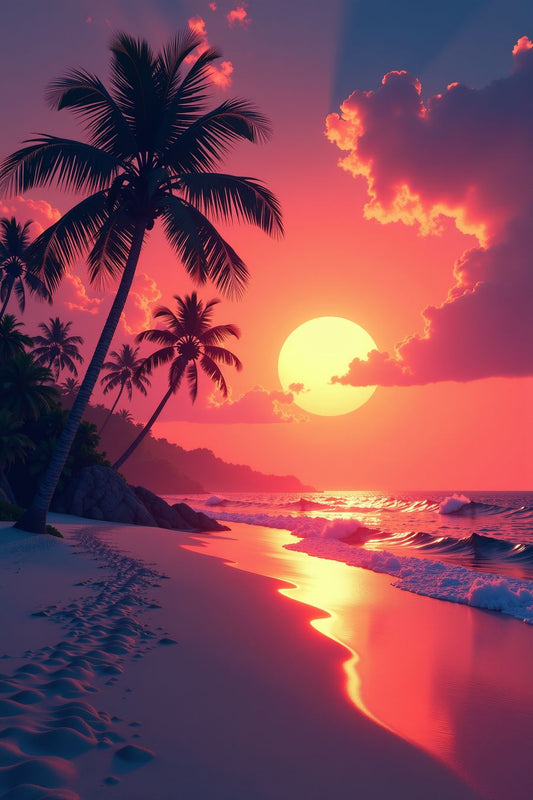 Tropical beach at sunset with palm trees and vibrant sky, perfect for wall art and premium posters in home decor