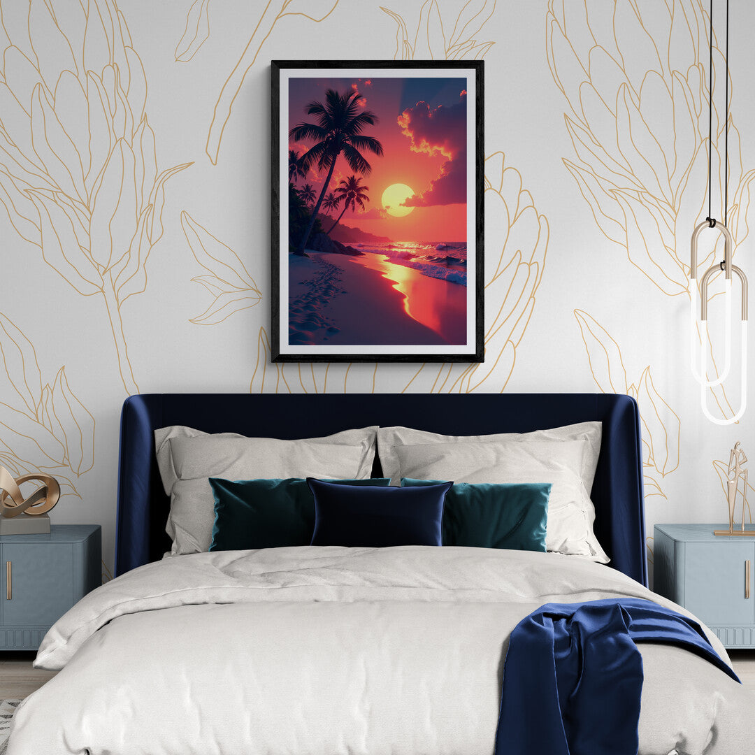 Serene sunset beach scene with glowing ocean waves, ideal for art prints and stylish home decor