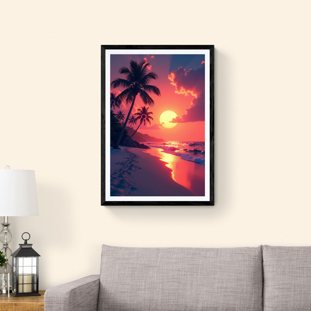 Tropical sunset with vivid colors and peaceful shoreline, perfect for modern wall art and art prints