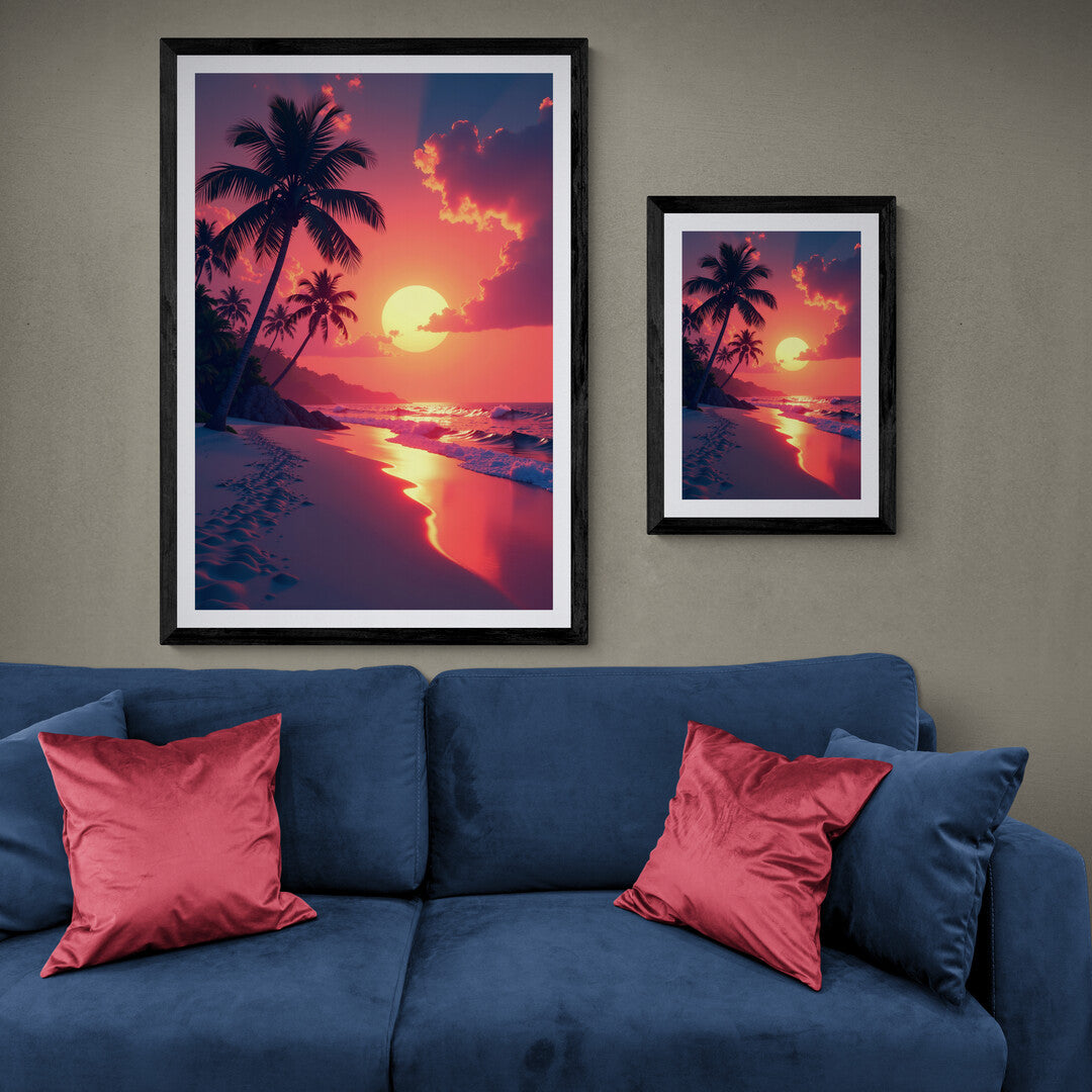 Beachside Bliss at Sunset featuring palm silhouettes and colorful skies, available as premium posters and wall art