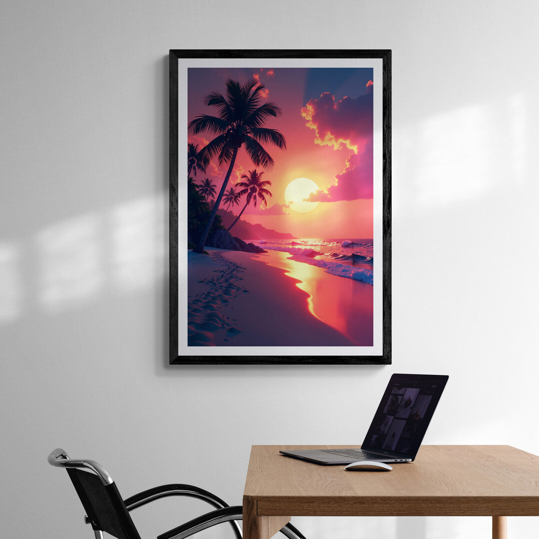 Relaxing coastal sunset scene with palm trees, designed for premium posters and home decor inspiration