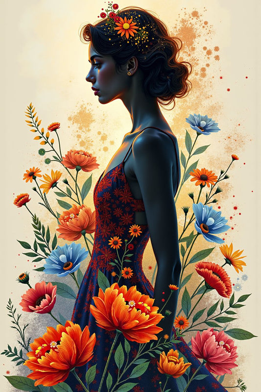 The picture shows a beautiful woman wearing a stunning dress made entirely of flowers. The dress appears vibrant and colorful, with petals of various sizes and shapes flowing down from her shoulders to the floor, giving the impression of nature blooming around her. Each flower is meticulously arranged, creating a striking blend of reds, pinks, purples, and greens that mirror a spring garden in full bloom.