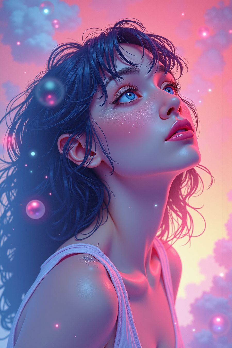 Between Dreams and Reality art print featuring a dreamy figure gazing into a colorful sky, perfect for home decor and wall art inspiration