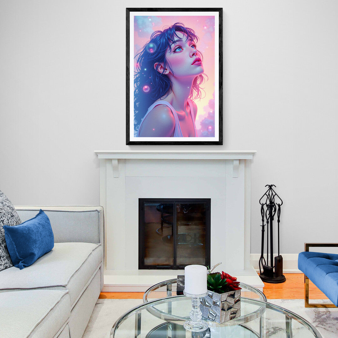 Captivating wall art featuring a dreamy portrait with glowing hues, designed for premium posters and stylish interiors