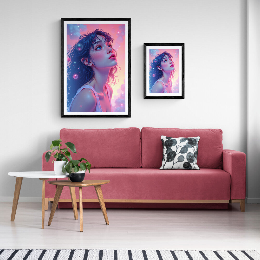 Ethereal art print of a woman looking upward in a soft pastel sky, adding elegance and creativity to your home decor