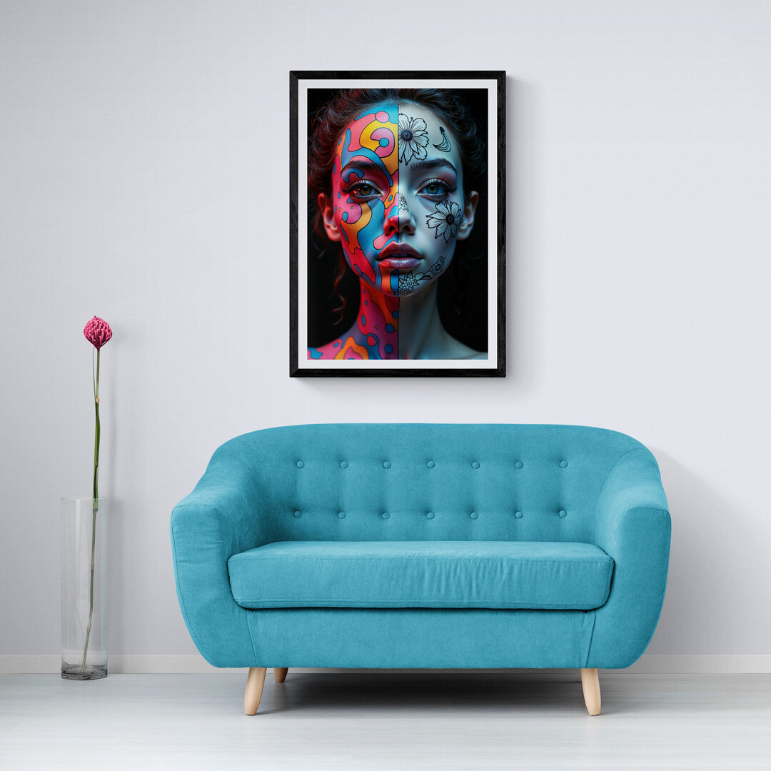 Half-colorful, half-monochrome artistic portrait for premium posters and art prints, enhancing your home decor with style and creativity